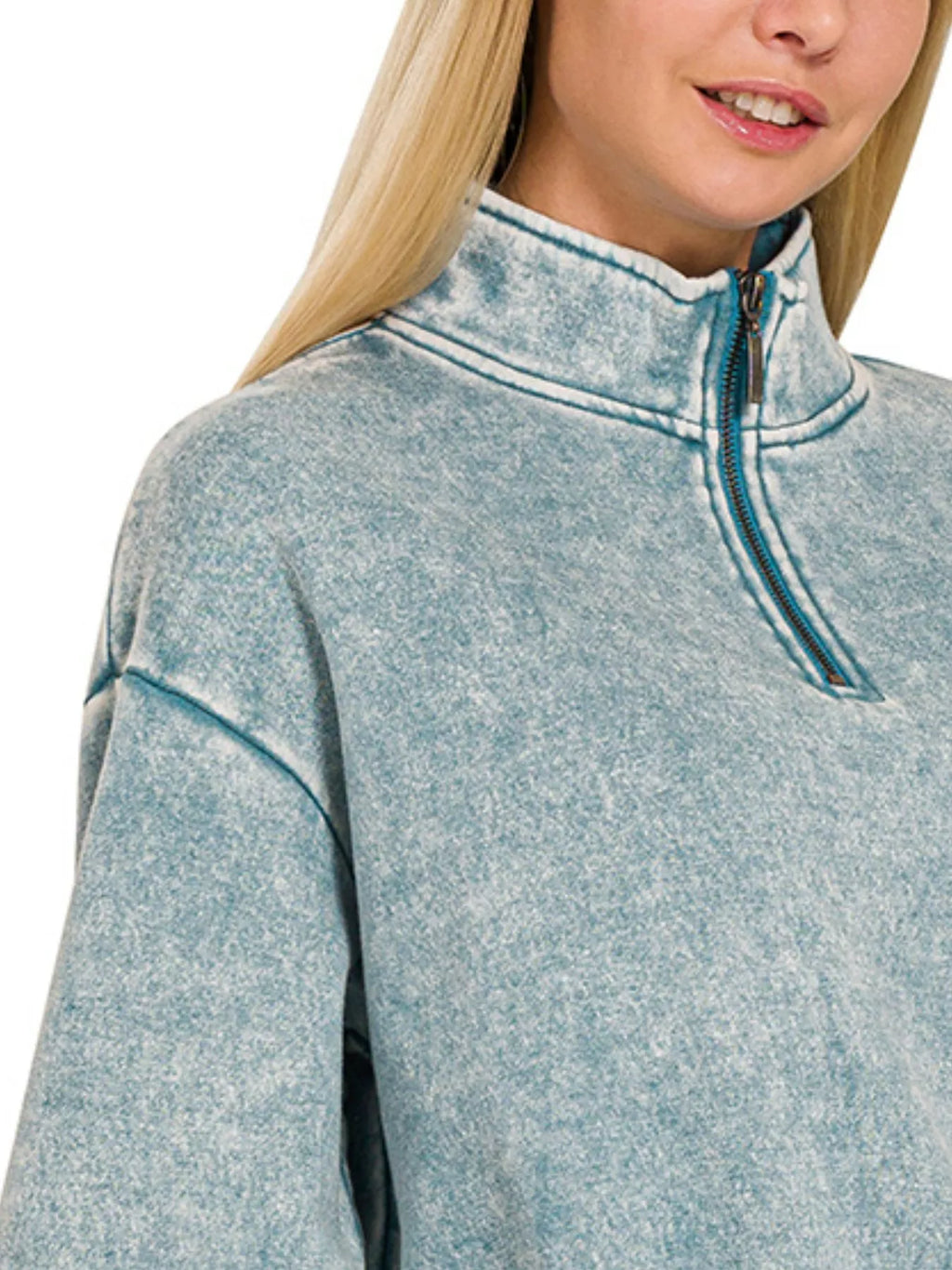 Zenana Womens Fleece Sweatshirt Blue Gary Acid Wash Half Zip Collared 5b05a1b0-dc44-45d8-b098-a18a00fe2585-Max-Origin Trendsi