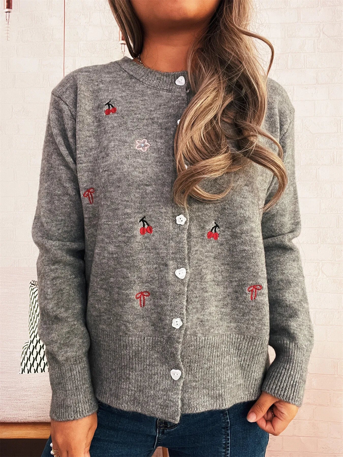 Women's Cardigan Ribbed Button-Front Knit Embroidered Long Sleeve Gray One Size 5b096b71a36741488a5f53100ae8acae-Max-Origin Trendsi