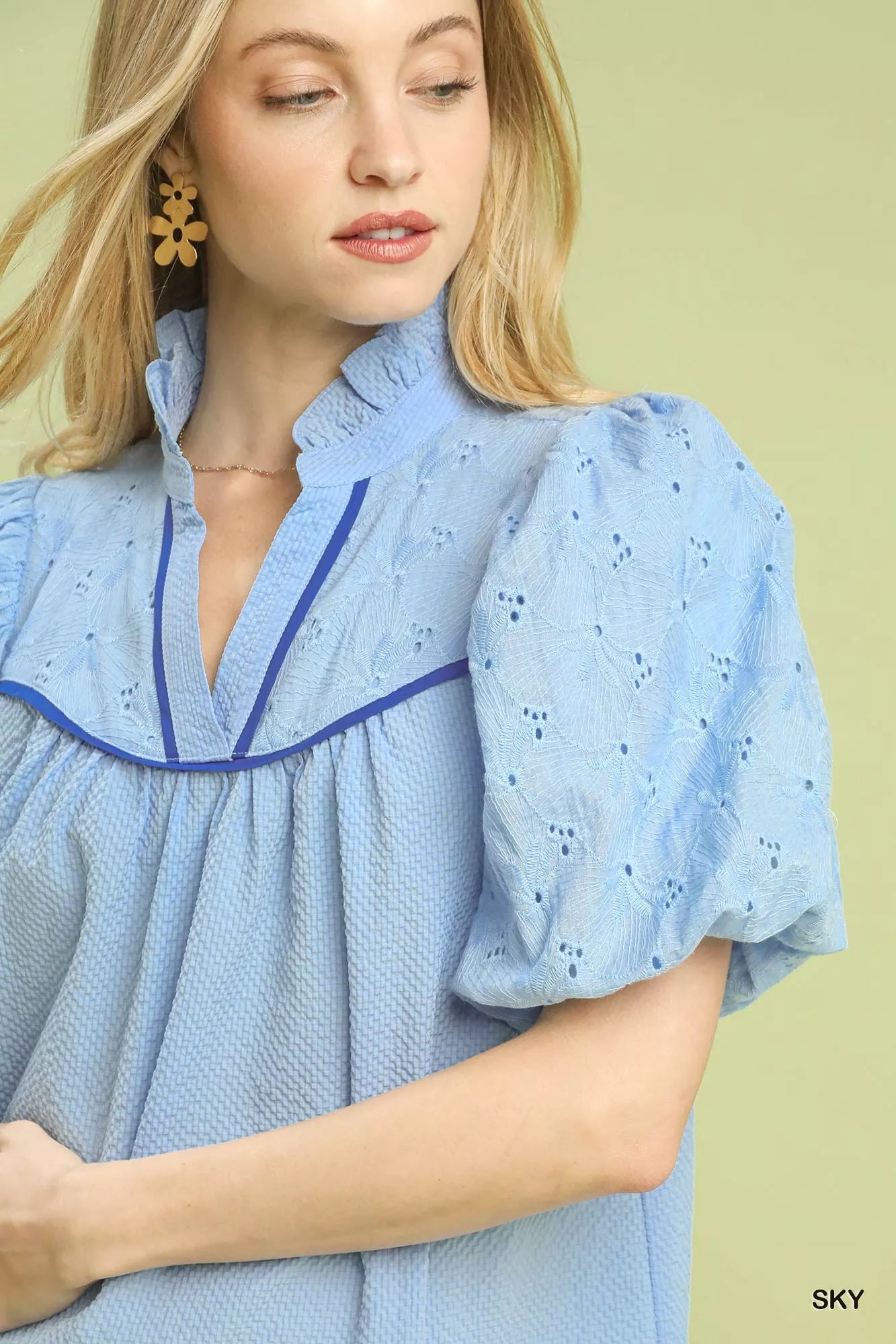 Umgee Blouse Sky Blue Eyelet Mix Top Puff Short Sleeve with Contrast Piping 5b0e6d39-5c6a-4d67-b1db-8e4350dea308-Max-Origin Trendsi