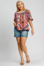 Umgee Women Viscose Blouse Abstract Pink Smocked Square Neck Puff Sleeve 5b135e9f-766a-4442-b84e-056c849dfb50-Max Trendsi