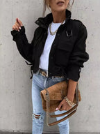 Women's Jacket Snap Long Sleeve Zipper with Drawstring Pockets Outwear 5b1e078f9e4a457fa0cca238dfb9da0b-Max-Origin Trendsi