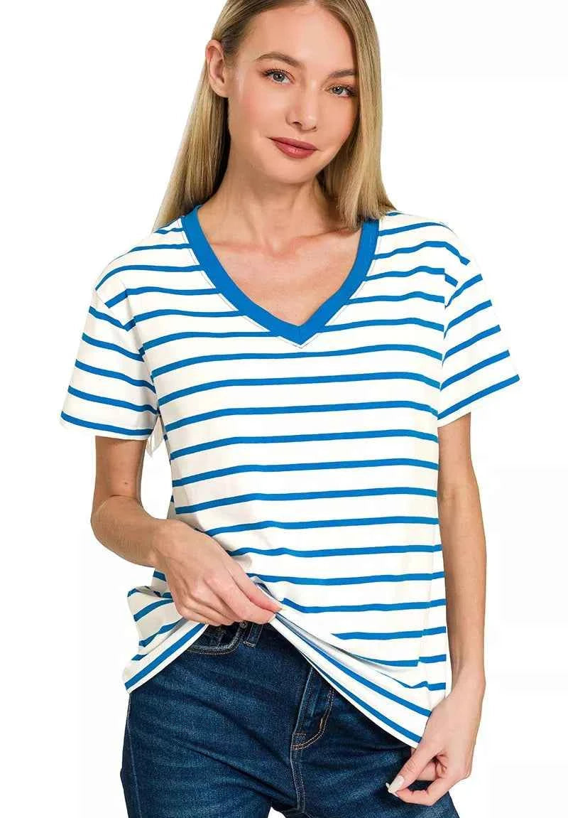Zenana Striped V-Neck Short Sleeve T-Shirt