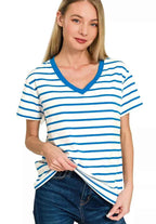 Zenana Striped V-Neck Short Sleeve T-Shirt