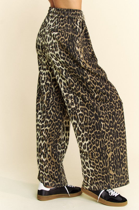 Davi & Dani USA Women Pants Leopard Wide Leg Elastic Waist Tied Pocketed