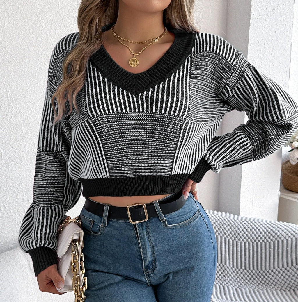 Striped Cropped Women Sweater V-Neck Long Sleeve Soft Knit Pullover Black 5b23f2eb-a40b-4201-9746-dd28ba20a30e-Max Trendsi