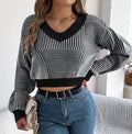 Striped Cropped Women Sweater V-Neck Long Sleeve Soft Knit Pullover Black 5b23f2eb-a40b-4201-9746-dd28ba20a30e-Max Trendsi