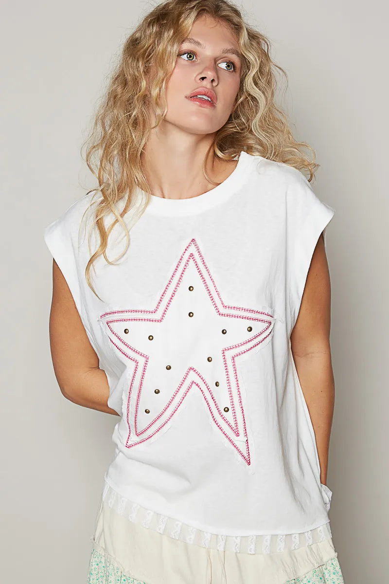 POL T-Shirt White Star Patch Studded Sleeveless with Lace Hem Top