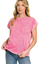 Zenana Halo Snow Washed Short Sleeve Tee with Cuffed Sleeves
