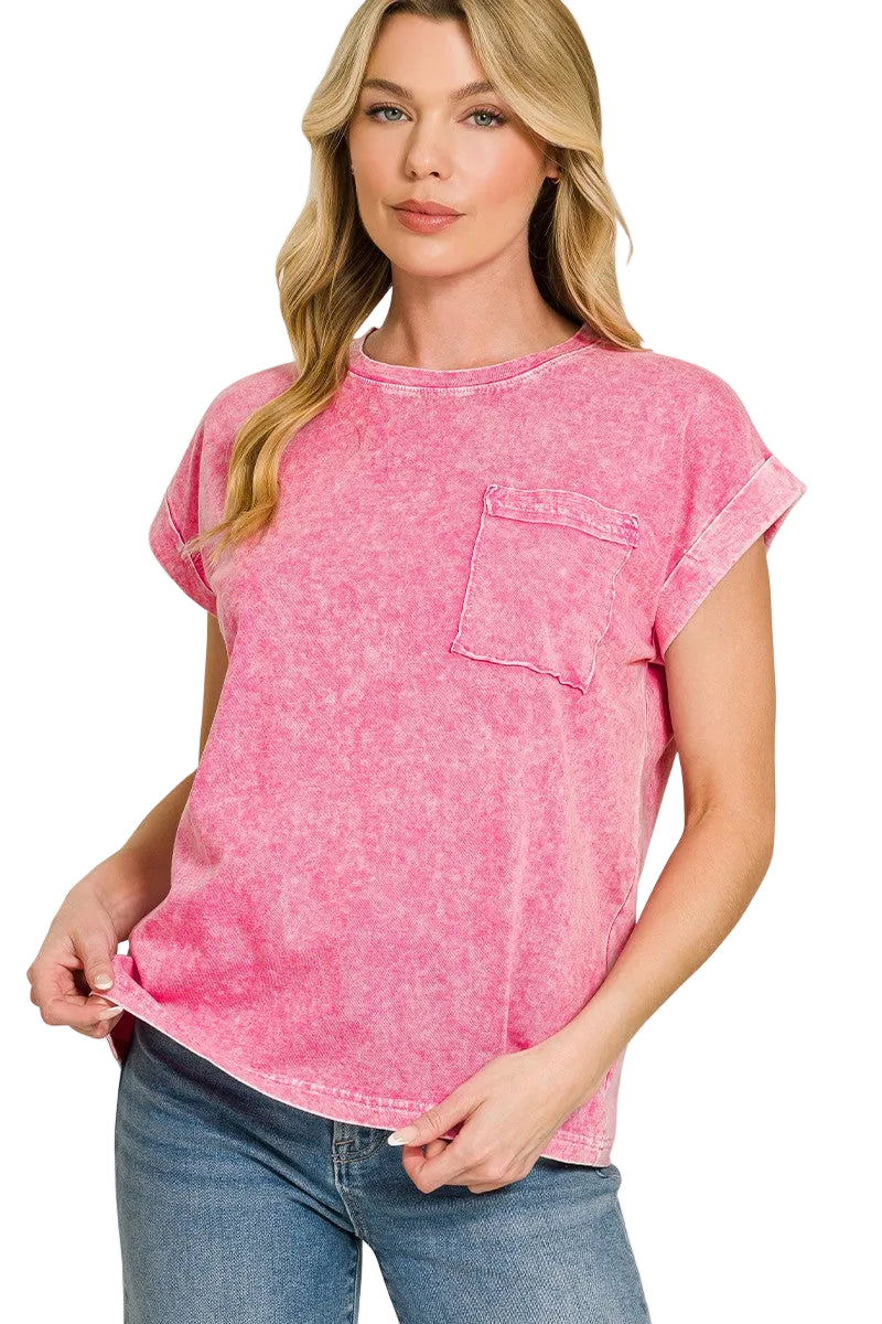 Zenana Halo Snow Washed Short Sleeve Tee with Cuffed Sleeves