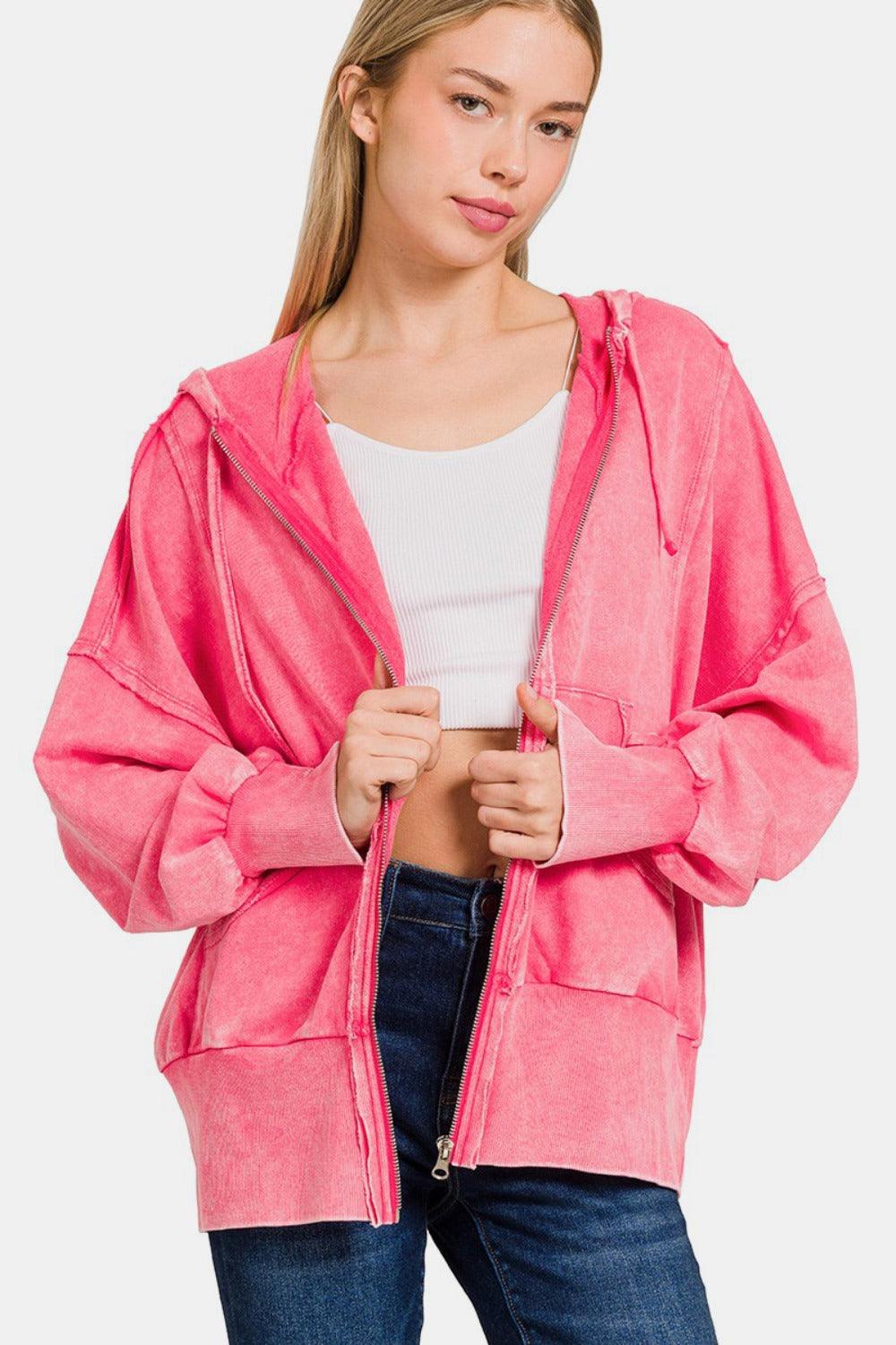 Zenana Hoodie Fuchsia Acid Washed French Terry Zip-Up with Pockets Fuchsia 5b2bfffb-4329-4287-84fc-3566f64a1fe7-Max Trendsi