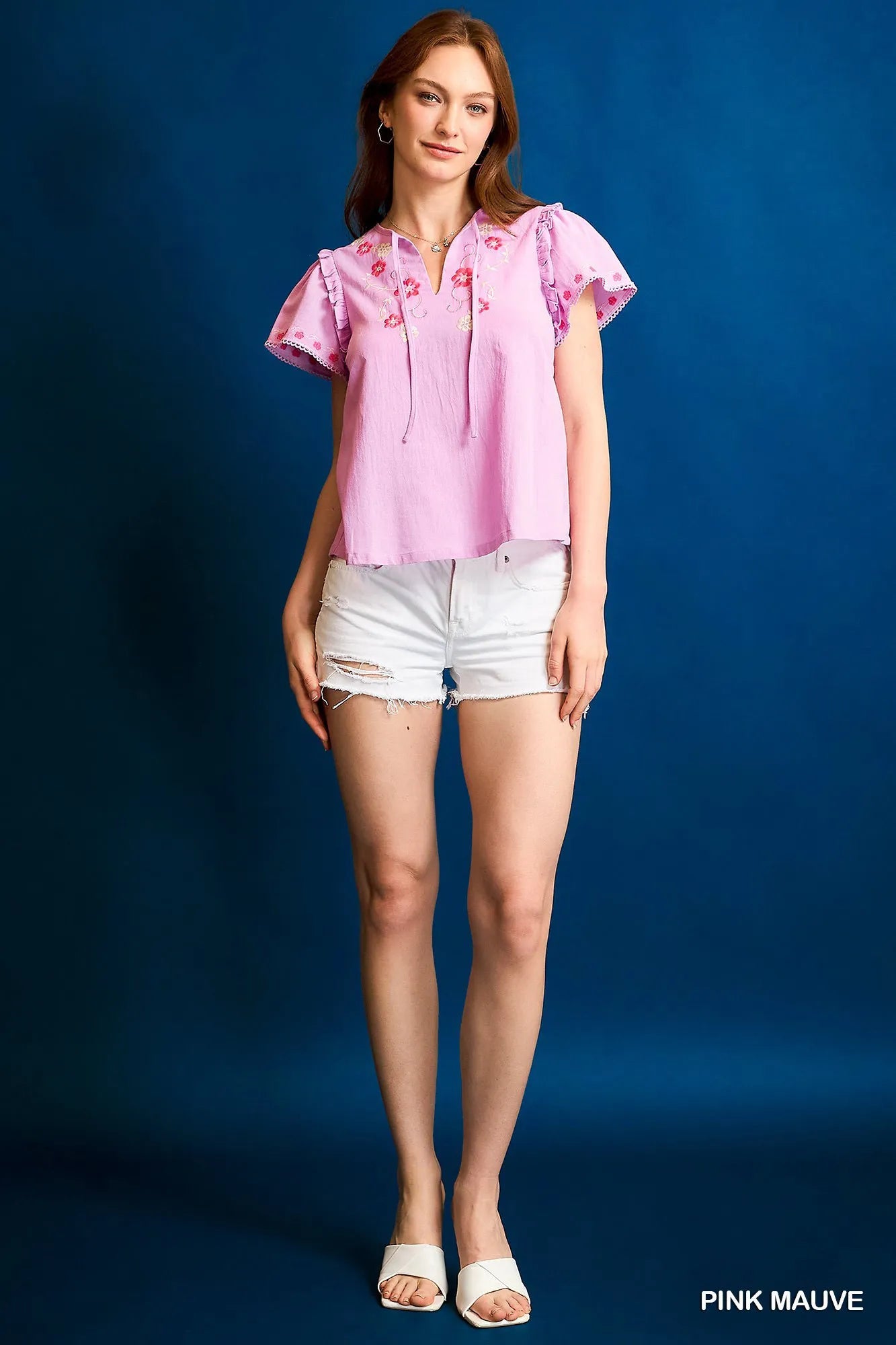 Umgee Blouse Pink Floral Embroidered Tie Neck Short Sleeve Cotton Top PINK MAUVE 5b2d991e-b0d4-4963-afef-55619bc304b4-Max-Origin Trendsi