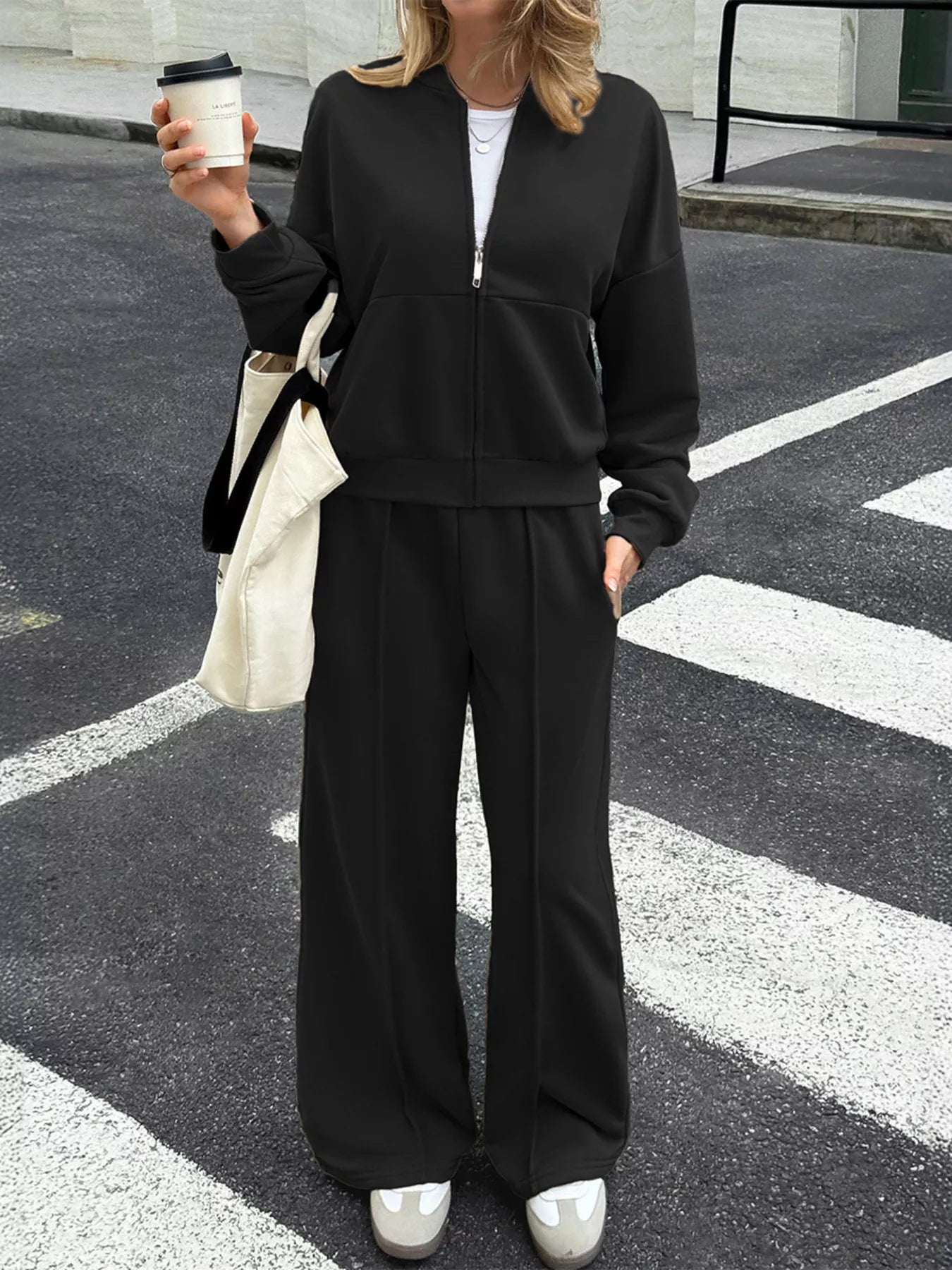 Womens Outfit Set Zip Up Drop Shoulder Top and Pants 2 Pcs Black 5b3ce56aa91f4e8aae52cf46c0417999-Max-Origin Trendsi