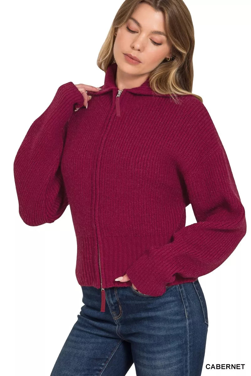 Zenana Womens Sweater Cardigan Zip Up Burgundy Ribbed Collared 5b3e589b038f414f8c165c3323d5e672-Max-Origin Trendsi