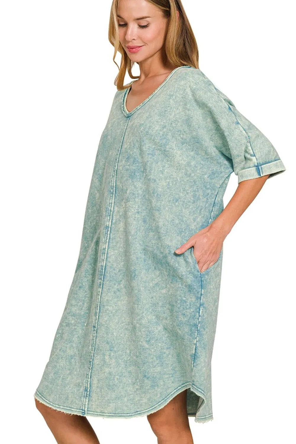 Zenana T-shirt Short Dress Ash Blue Acid-washed French Terry Pocketed 5b3fb72a-593e-45f4-9011-a6810beacf1e-Max-Origin Trendsi