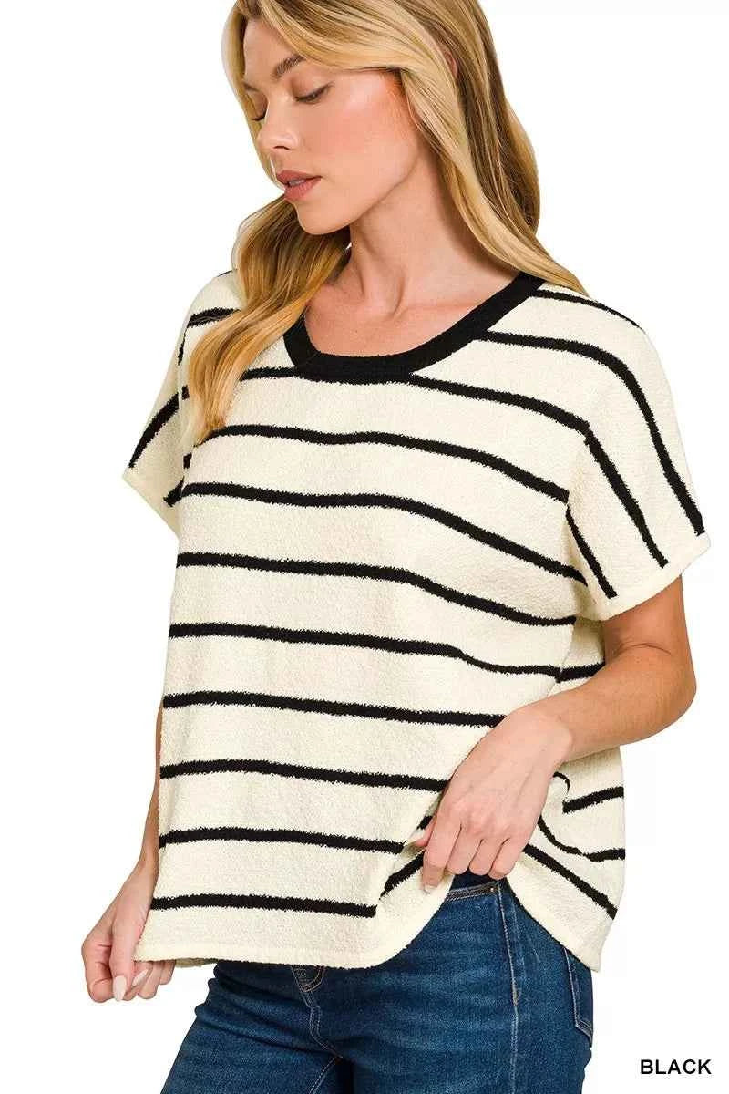 Zenana Sweater Top Black Striped Oversize Short Sleeve Blouse 5b43352669d14a41811f5b40864c50c3-Max-Origin Trendsi