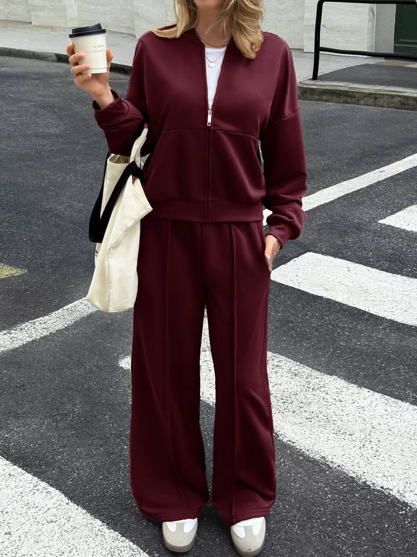 Womens Outfit Set Zip Up Drop Shoulder Top and Pants 2 Pcs Burgundy 5b4b3494-c7a5-4625-83c6-152bd868743c-Max-Origin Trendsi