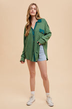 Women's Shirt Waffle-Knit Mineral Washed Button Down - Dark Green Annie Wear USA 5b4d1766-552a-40ed-a4a4-607a0055b652-Max Trendsi