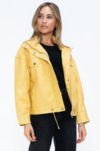 How Dare U Women PU Leather Jacket Drawstring Hem Zip Up Jacket Yellow 5b531992-99d2-48a0-be6e-7612059e0748-Max Trendsi