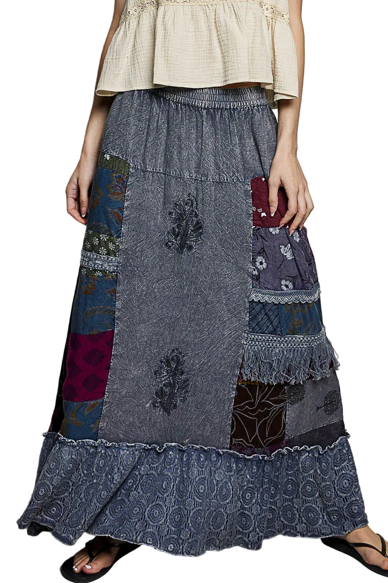 POL Printed Patchwork Embroidered Ruffled Skirt
