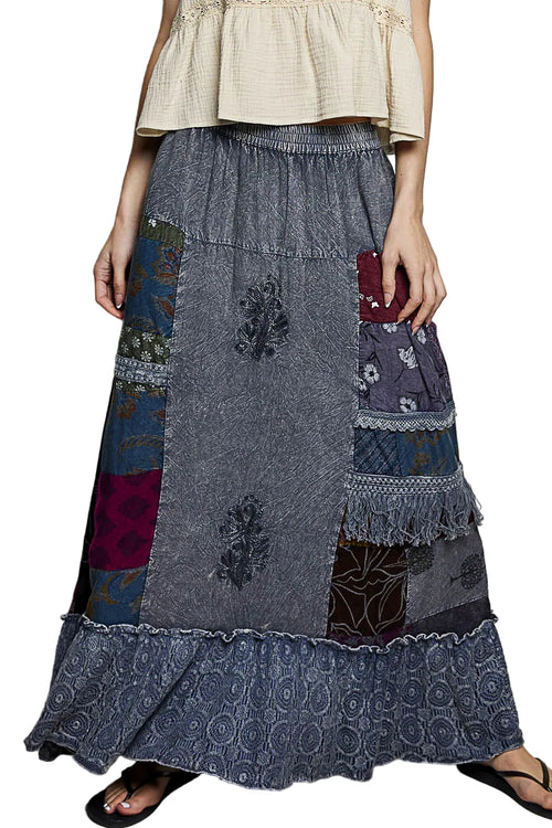 POL Printed Patchwork Embroidered Ruffled Skirt