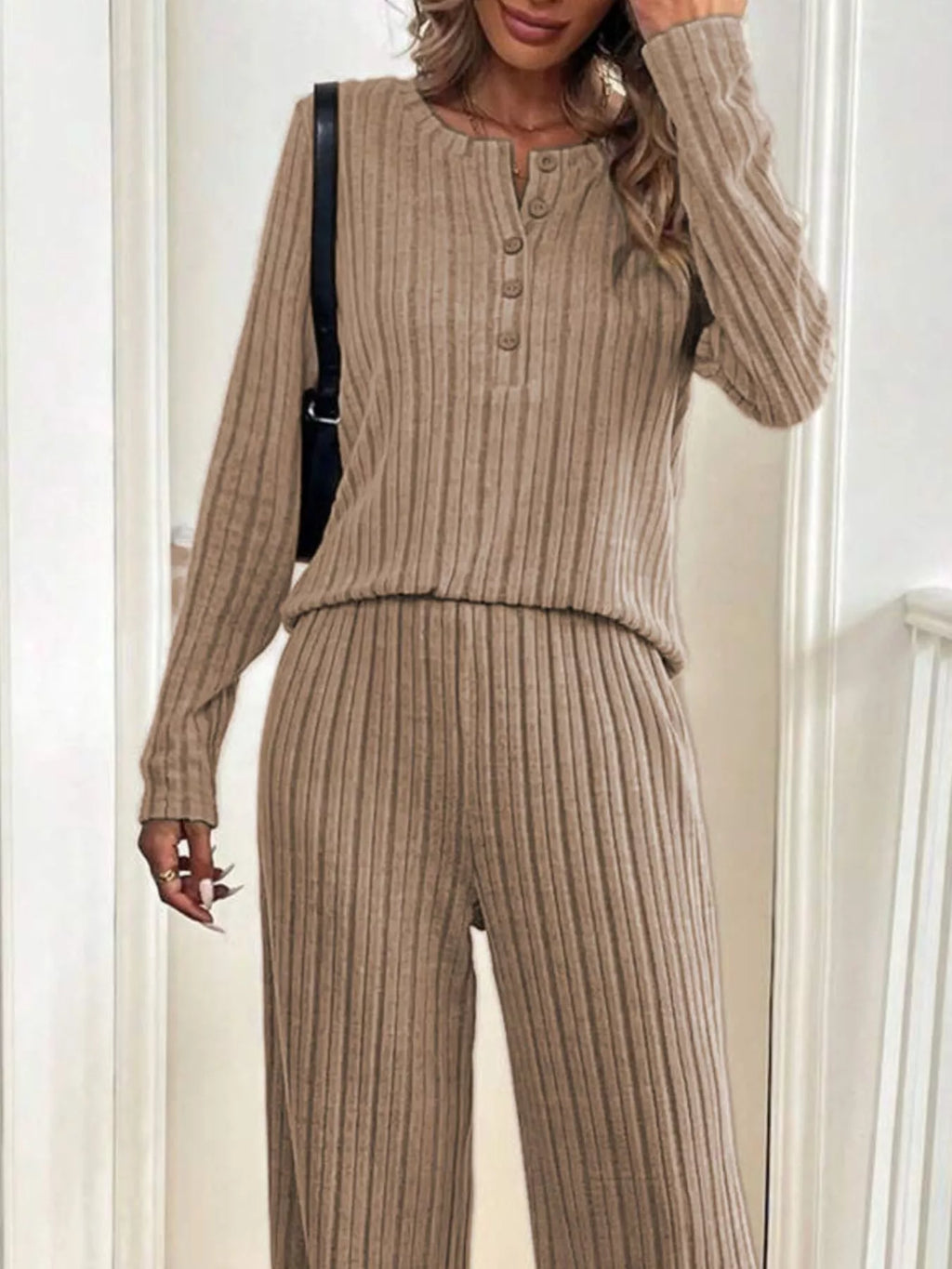 Women's Outfit Set Ribbed Button Detail Long Sleeve Top and Pants Set 2 Pcs 5b5aa77b-8597-455d-b95b-821991ccfdd0-Max-Origin Trendsi