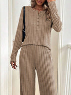 Women's Outfit Set Ribbed Button Detail Long Sleeve Top and Pants Set 2 Pcs 5b5aa77b-8597-455d-b95b-821991ccfdd0-Max-Origin Trendsi
