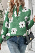Sweater Flower Turtleneck Half Zip Long Sleeve Knitwear Dark Green 5b5c421e-b27f-4298-ab96-06471af7e9a0-Max Trendsi