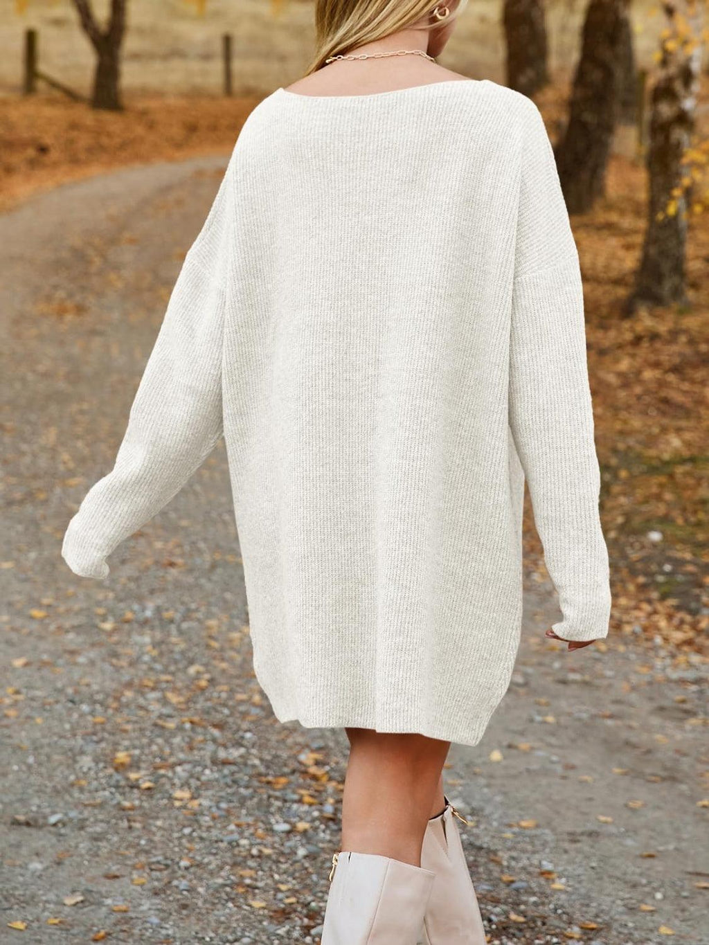 V-Neck Sweater Knit Dress Oversized Dropped Shoulder Sweater Dress 5b5daee0-8bad-494c-ad94-368adff30fee-Max Trendsi