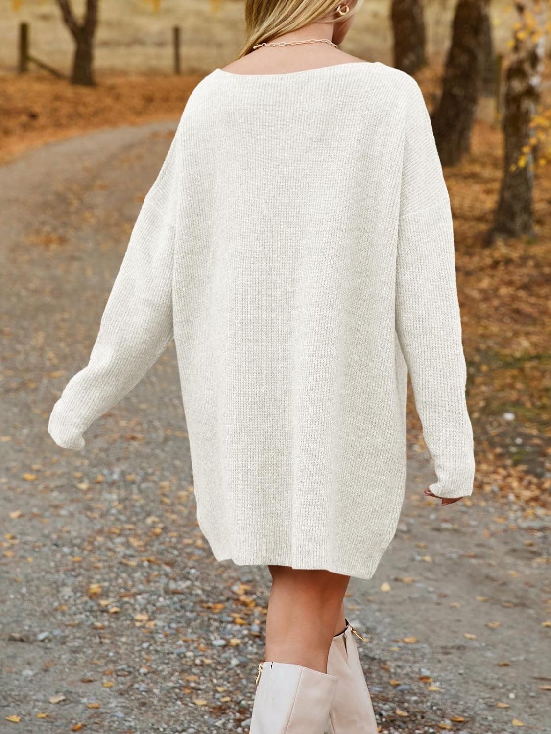 V-Neck Sweater Knit Dress Oversized Dropped Shoulder Sweater Dress 5b5daee0-8bad-494c-ad94-368adff30fee-Max Trendsi