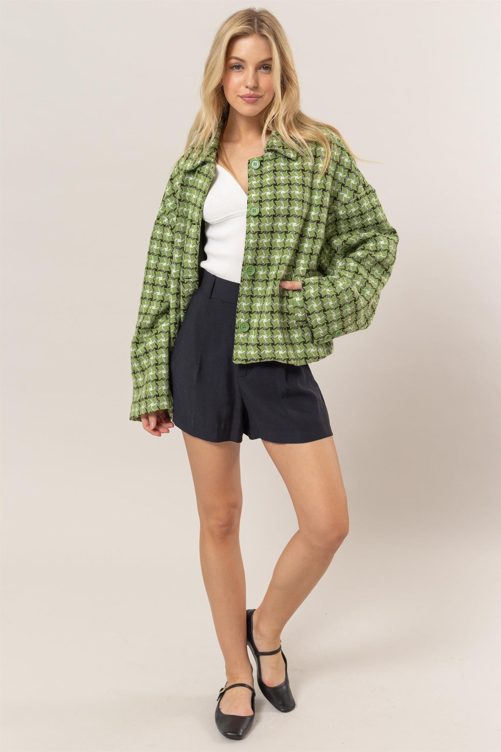 HYFVE Women Jacket Tweed Green Plaid Button Up Collared Neck Long Sleeve Outwear 5b62074d-74bb-4187-adfb-29a9f4d8b1a3-Max Trendsi
