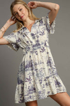Umgee Mini Dress Ruffle Cream Landscape Print Collared Short Sleeve 5b63d578-09a0-4b51-8721-033ee4864eaa-Max Trendsi