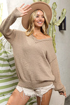 BiBi V-neck Sweater Latte Raw Edged Popcorn Texture Oversized Pullover 5b6ee94bfe3248618088551bd8bec70d-Max-Origin Trendsi