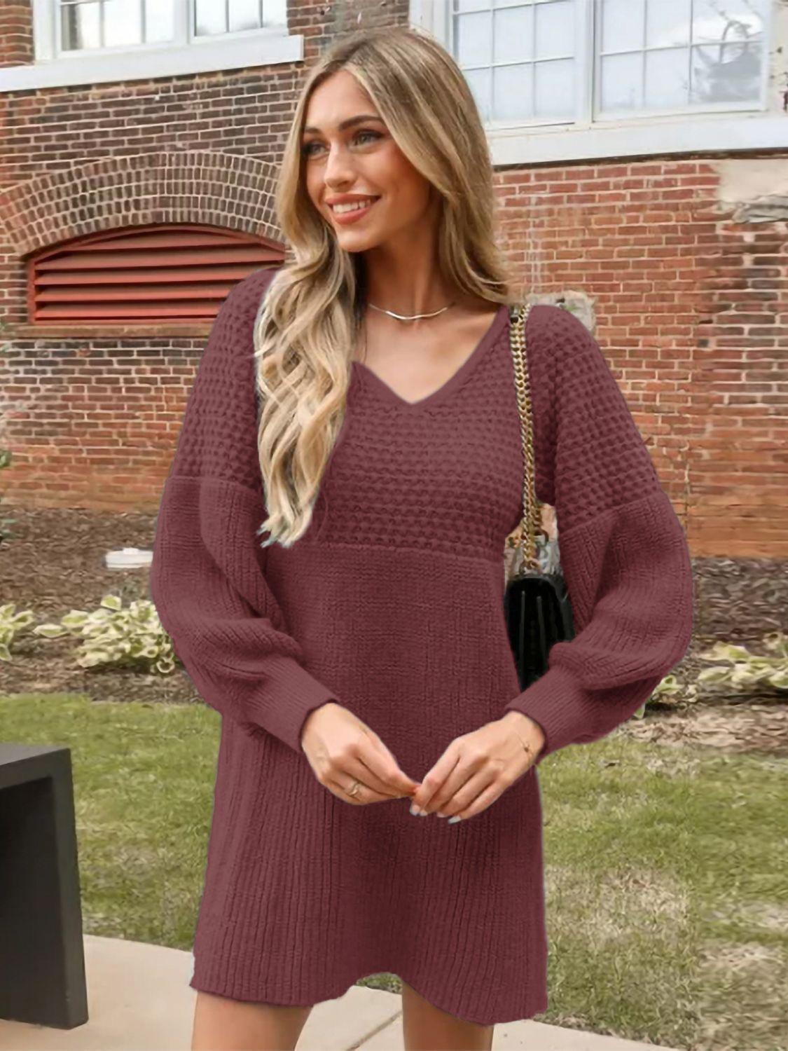 Sweater Mini Dress Perfee V-Neck Knit Long Balloon Sleeve 5b7a9fb5-718c-4221-861a-8908b822db5e-Max Trendsi
