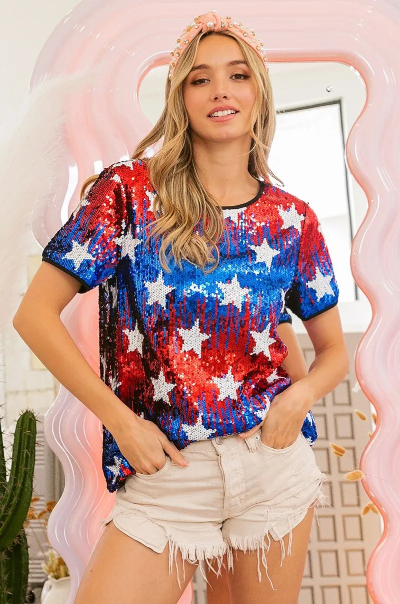 BiBi Sequin Top American Theme Star Pattern Short Sleeve T-shirt 5b7ee1f530aa47609a3fa0a8df365c7c-Max-Origin Trendsi