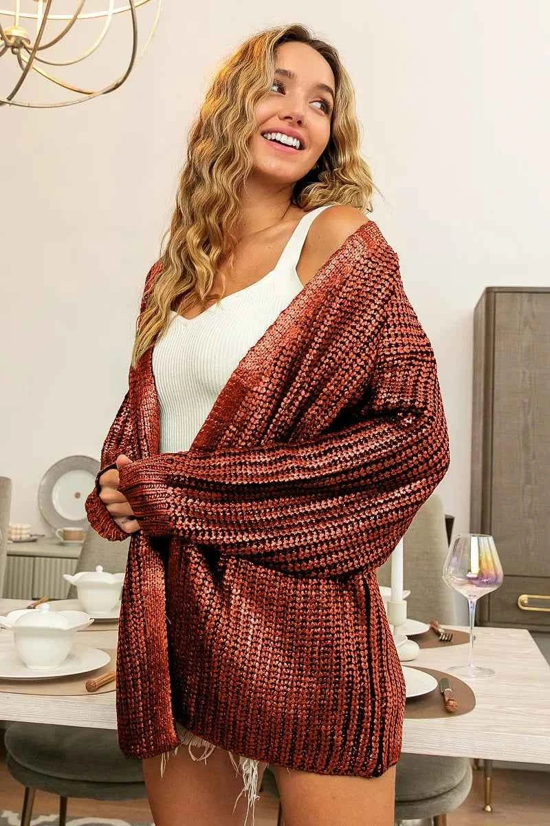 BiBi Metallic Knit V-neck Open Sweater Cardigan