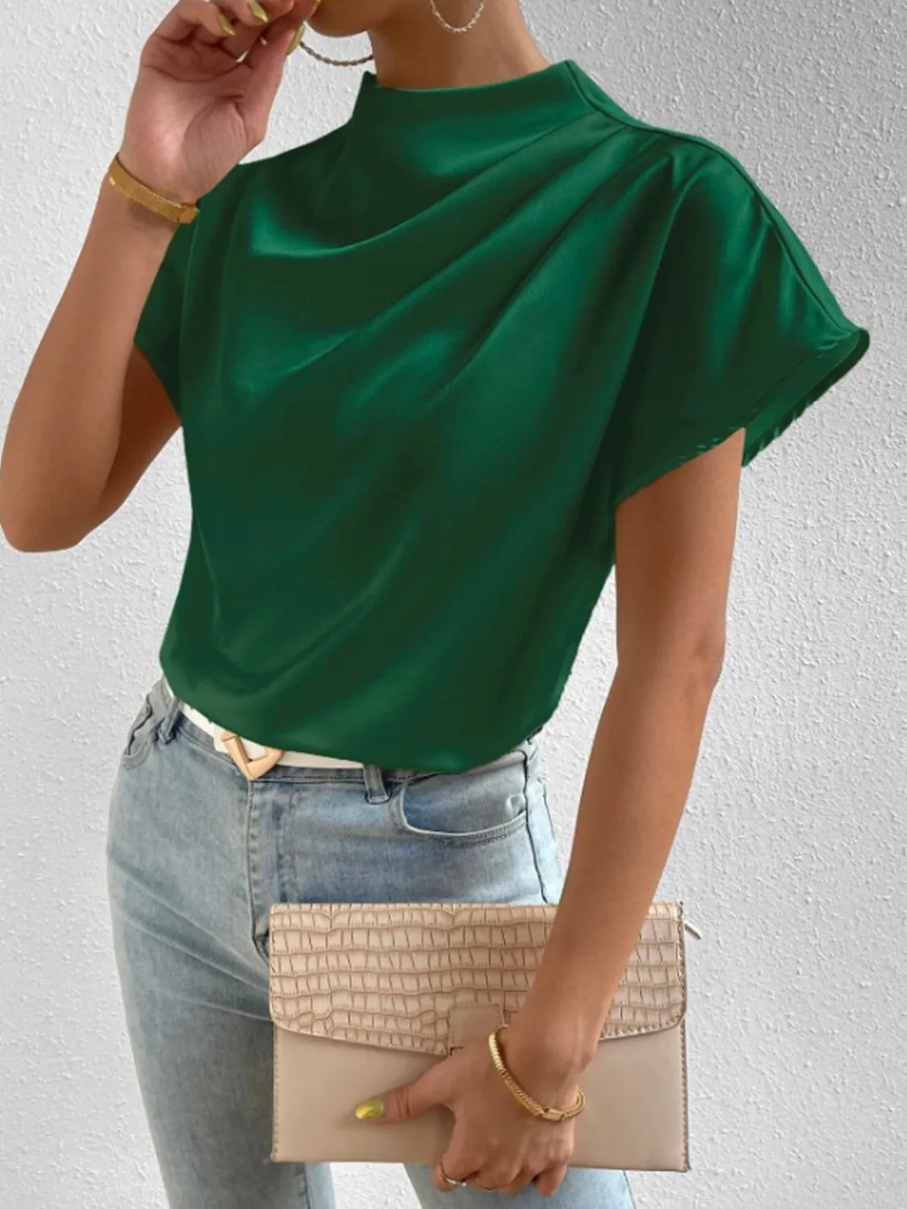 Satin Blouse Mock Neck Pleated Short Sleeve Basic Style Top Dark Green 5b819d8c-7b73-4459-845a-1a329dceab4b-Max-Origin Trendsi