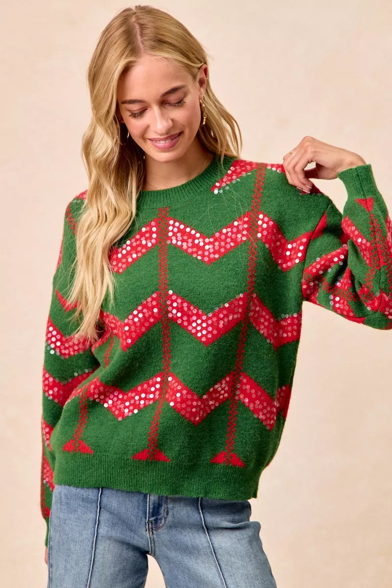 BiBi Sweater Christmas Theme Chevron Sequins Womens Green Red Pullover 5b844afb32734e79973202009666807e-Max-Origin Trendsi