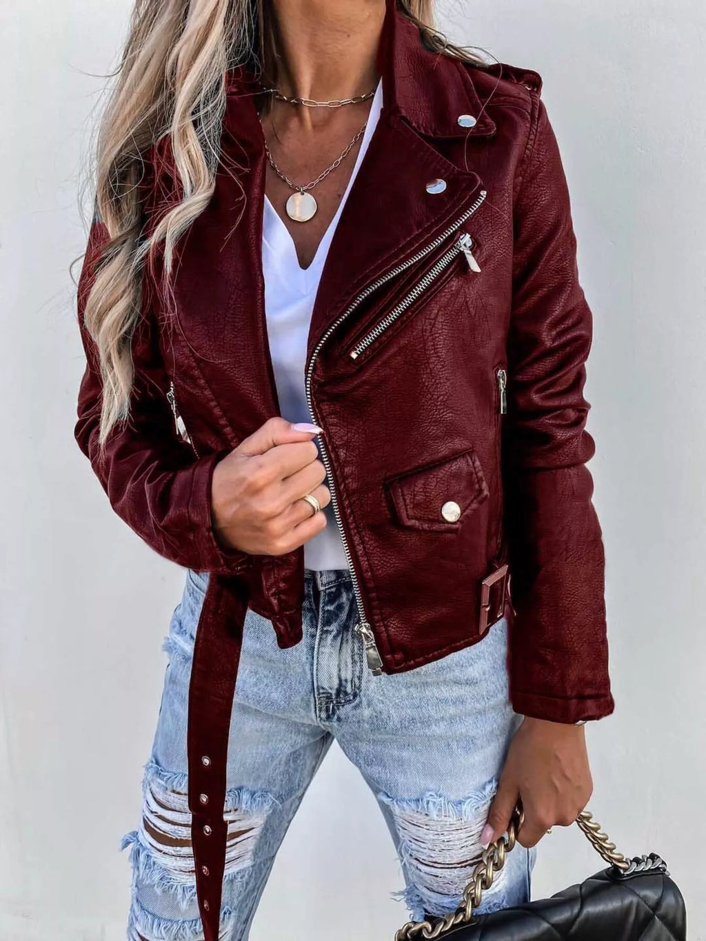 Women's Pu Leather Motorcycle Biker Jacket Zip Up Pocketed Outwear Burgundy 5b86f9b2b13a4a43a058985566b449b6-Max-Origin Trendsi