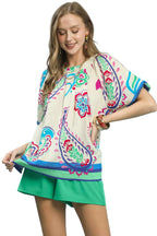 Umgee Border Print Puff Sleeve Blouse