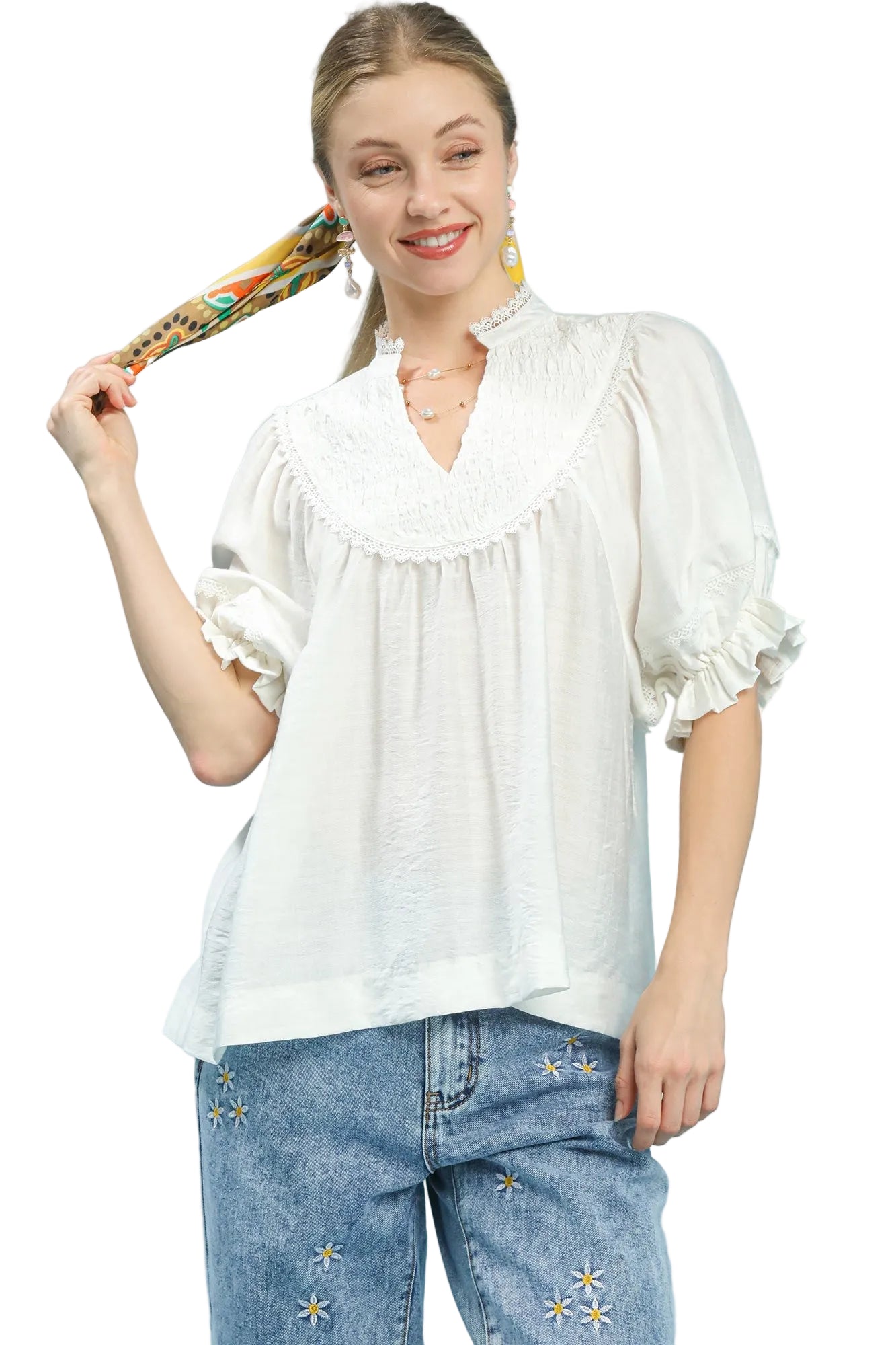Umgee Smocked Yoke Blouse with Ruffle Sleeves