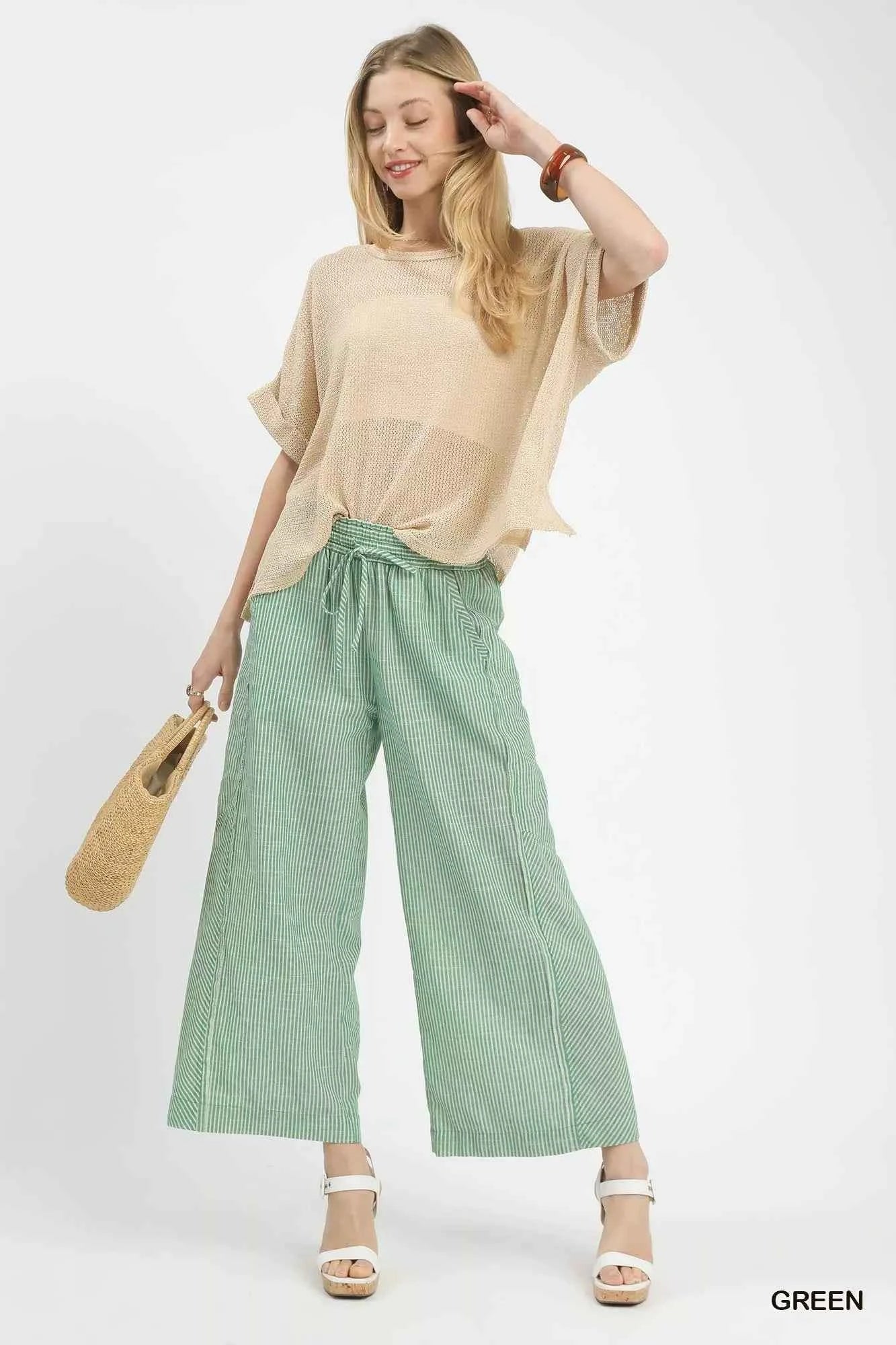 Umgee Striped Wide Leg Pants Linen Blend Green Women Trousers 5b911150-5513-44ec-96fb-c4adb32f6771-Max-Origin Trendsi