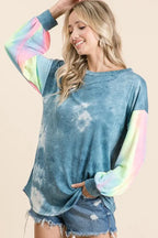 BiBi Tie Dye Womens Blouse Blue Mix French Terry Top With Contrast Tie Dye 5b919b7695ef4efbaa3cd271eda7bc68-Max-Origin Trendsi
