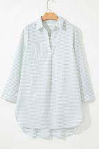 Mini Shirt Dress Striped Johnny Collar Long Sleeve Cotton Pocket Dresses 5b92ec95-5526-47db-96dc-b1cbb9b6248d-Max Trendsi