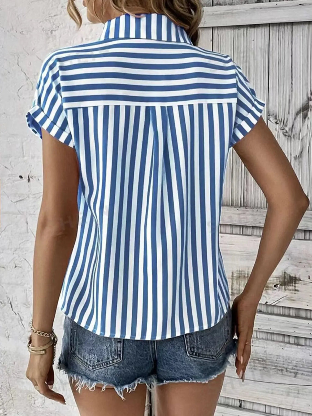 Women's Shirt Striped Short Sleeve Top with Pocket 5b9b8fcd-0c64-4080-ba3f-5b73879f9e59-Max-Origin Trendsi