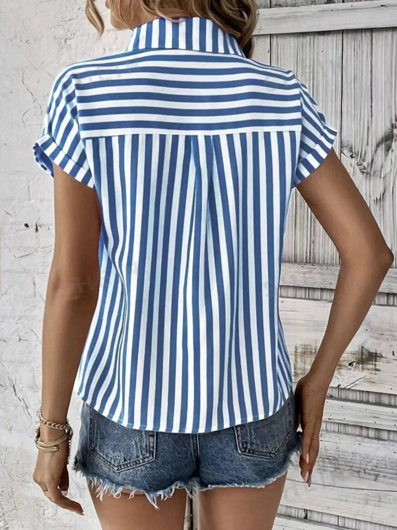 Women's Shirt Striped Short Sleeve Top with Pocket 5b9b8fcd-0c64-4080-ba3f-5b73879f9e59-Max-Origin Trendsi
