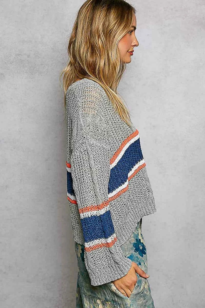 POL Sweater V-Neck Striped Pattern Cropped Knit Top with Cable Knit Detail 5baecd60-5275-469c-9eb1-76d814eadbd9-Max-Origin Trendsi