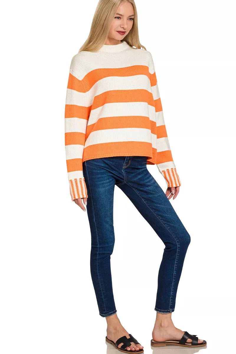 Zenana Ribbed Striped Mock Neck Sweater 5bb33ea14a8d494e8562527c56009294-Max-Origin Trendsi