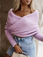 Cropped Knit Top Twist Off Shoulder Long Sleeve Basic Style 5bb556e2-249c-495d-b633-e6e3830924fc-Max Trendsi