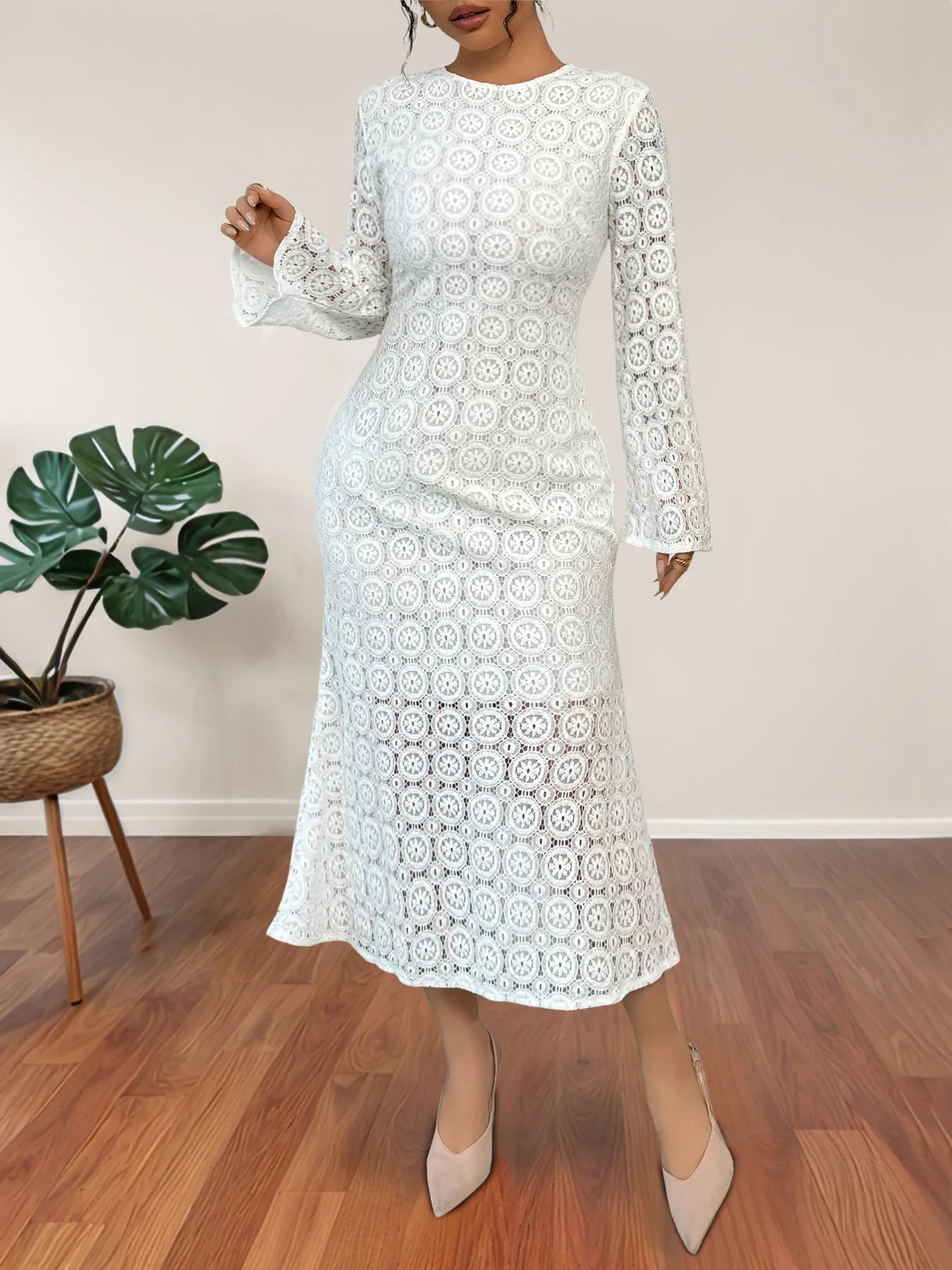 Midi Dress White Crochet Lave Floral Long Sleeve Zipper Lined 5bb69325f1494b459605b71945013be9-Max-Origin Trendsi