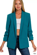 Zenana Womens Balzer Teal Woven 3/4 Ruched Sleeve Open Front Classic Jacket 5bb8e968837f4d2ca92abf028a959266-Max-Origin Trendsi